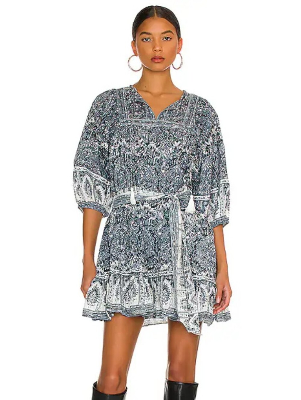 Cleobella Black & White Printed Tie-Waist Tunic Dress